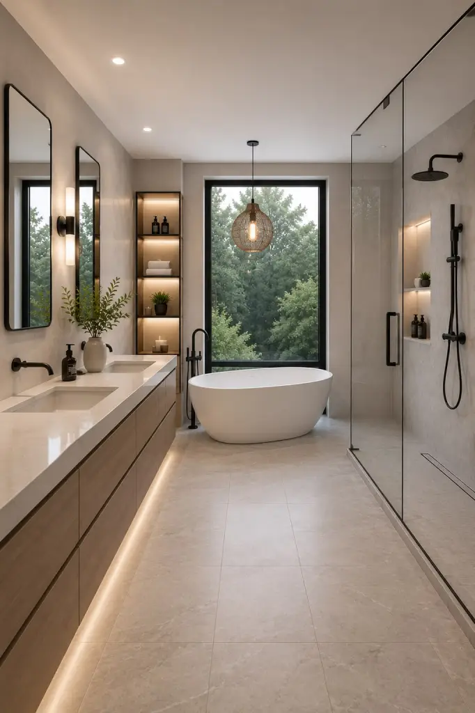 Long bathroom with freestanding tub, floating vanity and glass shower