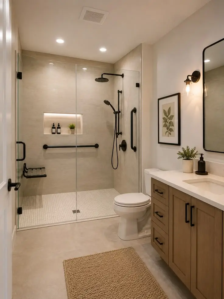 Accessible walk-in shower with grab bars and fold-down seat