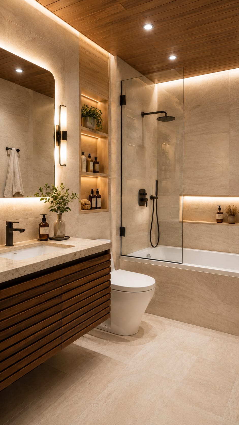 Warm wood-ceiling bathroom with tub-shower and lit shelving
