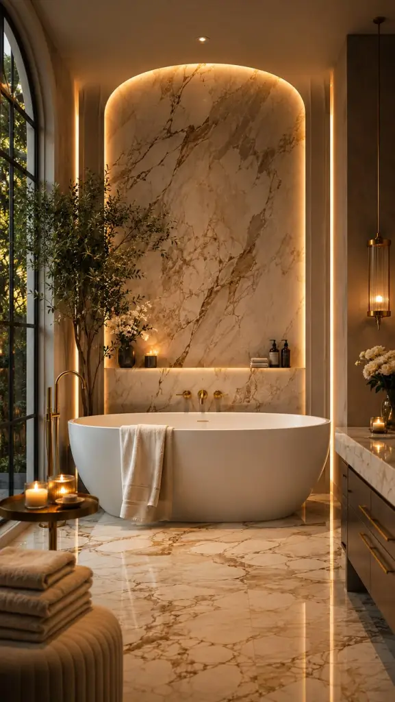 Marble-look porcelain arch behind a freestanding tub