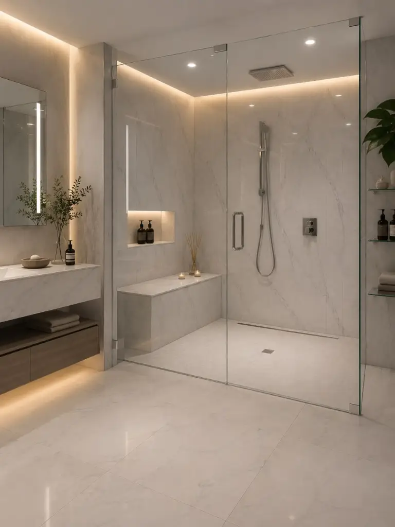 Curbless roll-in shower with built-in bench