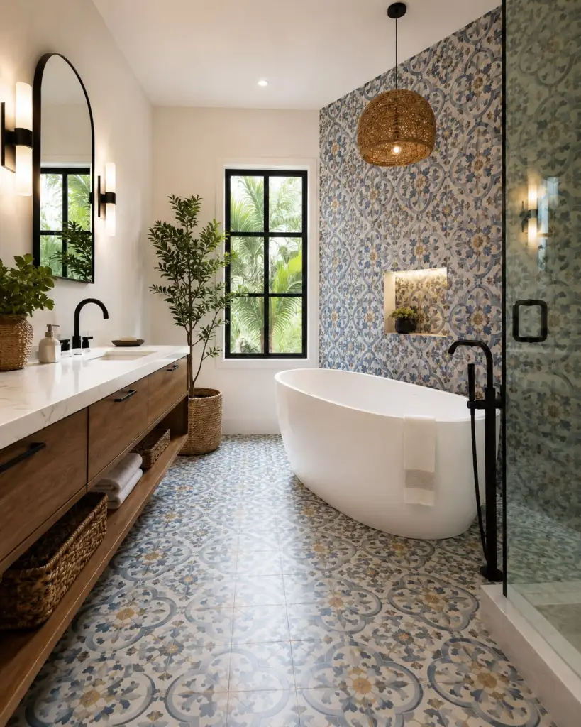 Patterned tile floor and accent wall with freestanding tub