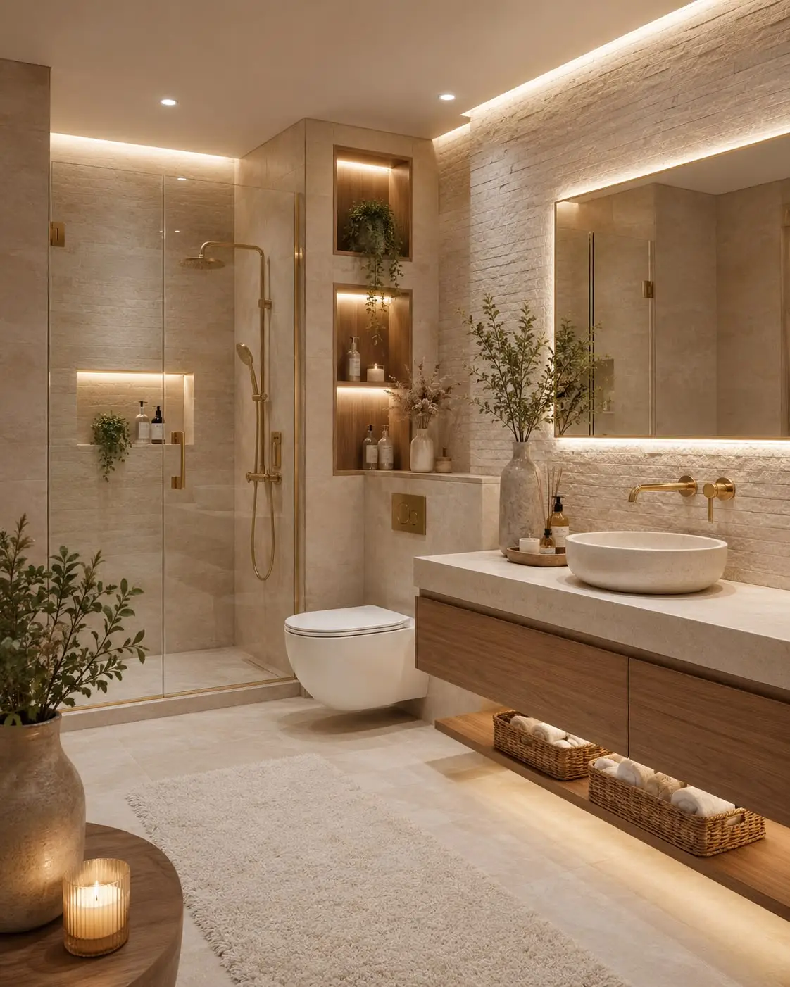 Walk-in shower with glass enclosure and a lit niche